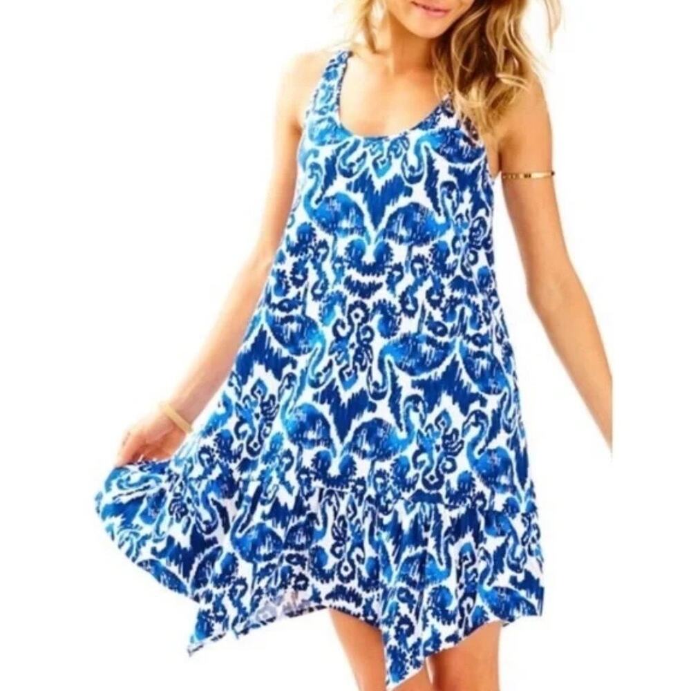 Lilly Pulitzer Hampton Tank Dress Blue Flamingo Print Sleeveless Swing S PERFECT